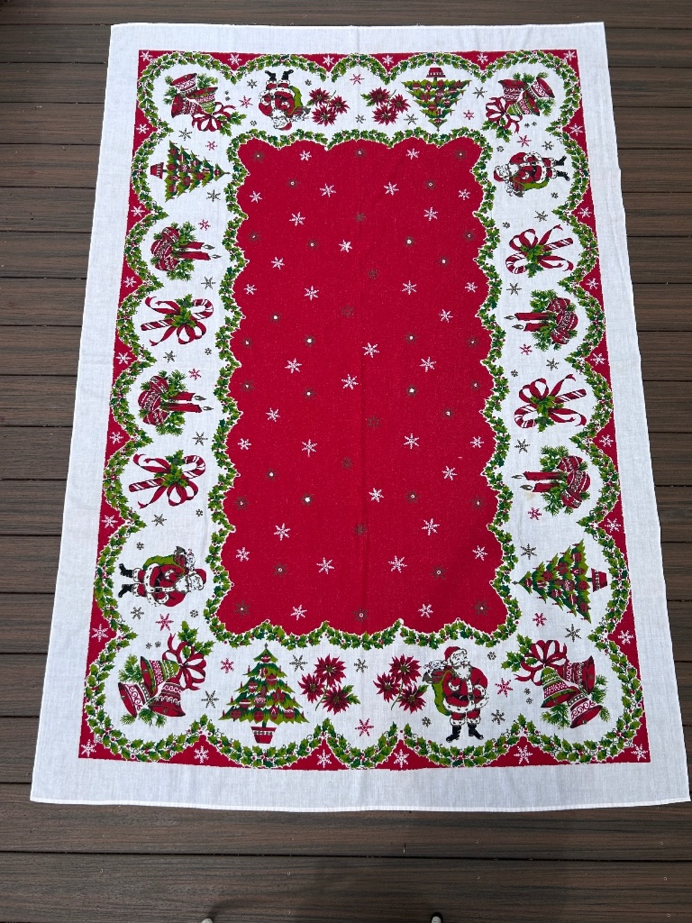Large Vintage 1960s Christmas Tablecloth Santa Tree Candles Candy Cane 84 x 58